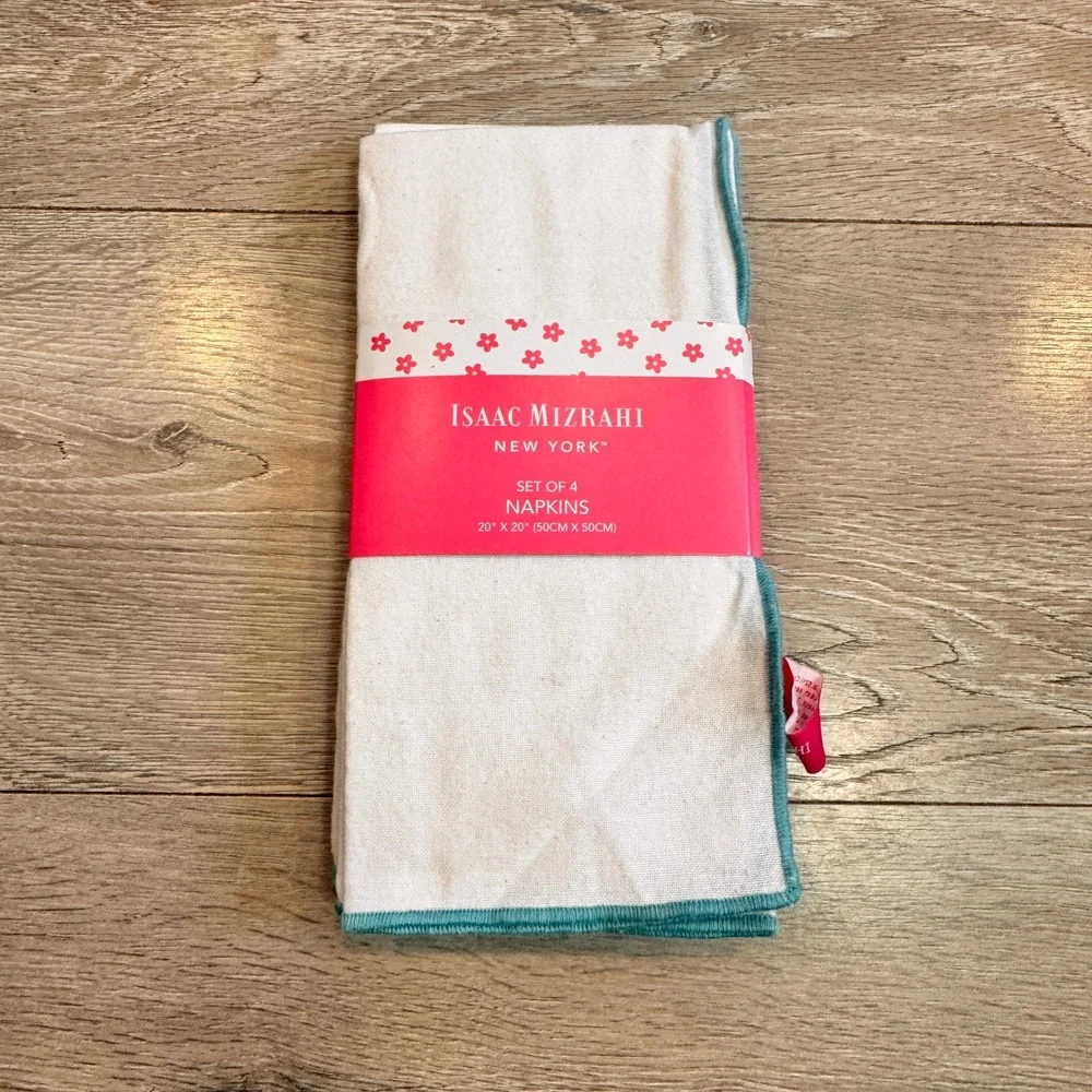 NWT Isaac Mizrahi New‎ York Set of 4 Napkins White Teal Trim 20